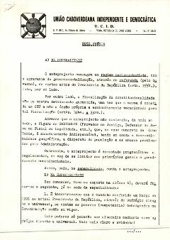 Nota prévia da União Caboverdeana Independente e Democrática - UCID, relativo ao anteprojeto de regime parlamentarista