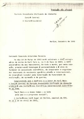 Carta do Comité Central do Partido Socialista Unificado da Alemanha sobre a Conferência Científica Internacional, em homenagem a Karl Marx, fundador do socialismo científico