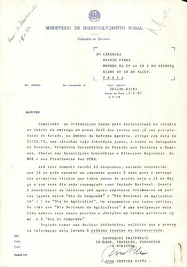 Ofício nº 264/20.03/83, do Ministro do Desenvolvimento Rural e Pescas, João Pereira Silva, ao camarada Olívio Pires, membro da CP do CN e do Secretário do CN do PAICV