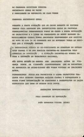 Carta do Presidente do Conselho de Revolução, João Bernardo Vieira (Nino) ao Secretário Geral do PAIGG e Presidente da República de Cabo Verde, Aristides Pereira