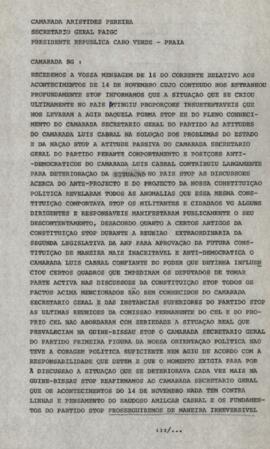 Cópia do telegrama do Comandante de Brigada e Presidente do Conselho de Revolução, camarada João Bernardo Vieira (Nino) ao Secretário Geral do PAIGC e Presidente  da República de Cabo Verde, camarada  Aristides Pereira