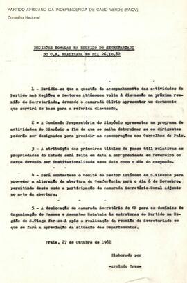 Decisões tomadas na reunião do Scretariado do CN, realizada no dia 26 de outubro de 1986