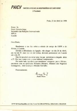 Carta do Presidente do PAICV, Comandante Pedro Pires ao Secretário das Relações Internacionais do MPLA,  Senhor Paulo Teixeira Jorge