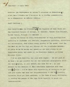 Addition aux prolegomena du volume à consacrer au symposium qui s’est tenu à Praia à l’occasion de la dixième commémoration de la disparition d’ Amílcar Cabral, par Basil Davidson