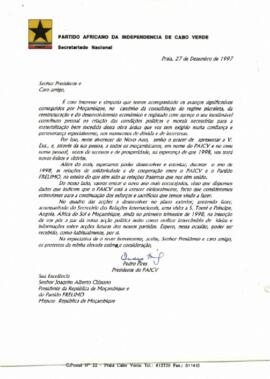 Carta do Presidente do PAICV, Comandante Pedro Pires, ao Presidente da República de Moçambique, Joaquim Alberto Chissano