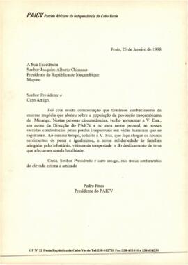 Carta do Presidente do PAICV, Comandante Pedro Pires ao Presidente da República de Moçambique, Joaquim Alberto Chissano