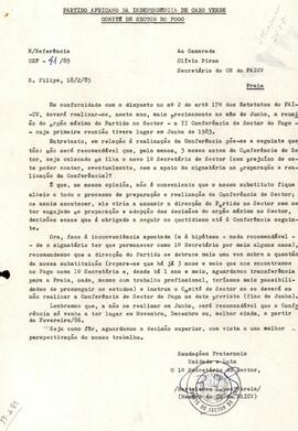 Carta confidencial dirigida ao camarada Olívio Pires, Secretário do CN do PAICV pelo 1º Secretário do Sector do Partido no Fogo, Bartolomeu Lopes Varela