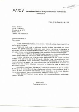 Carta do Presidente do PAICV, Comandante Pedro Pires ao Presidente do SPD - Bona, Oscar Lafontaine