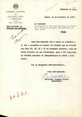 Circular nº 28, de 10/11/1977, da Subcomissão de Futebol de Cabo Verde relativo ao torneio de futebol