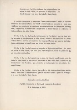 Mensagem do Partido Comunista de Portugal ao Partido Africano da Independência da Guiné e Cabo Verde, ao Governo da República da Guiné-Bissau e ao povo da Guiné e Cabo Verde