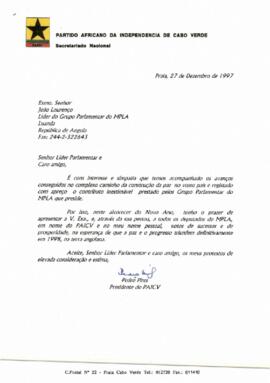 Carta do Presidente do PAICV, Comandante Pedro Pires, ao Líder do Grupo Parlamentar do MPLA, João Lourenço