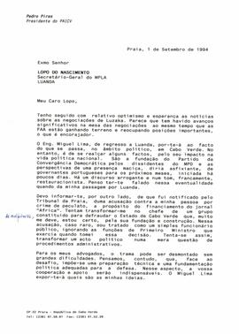 Carta do Presidente do PAICV, Comandante Pedro Pires, ao Secretário Geral do MPLA, Lopo do Nascimento