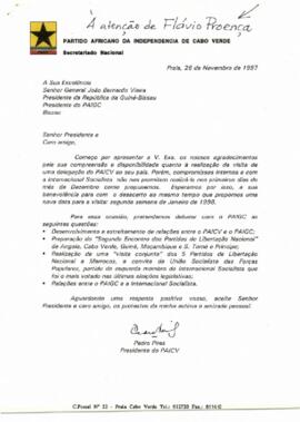 Carta do Presidente do PAICV ao Presidente da República  da Guiné-Bissau, João Bernardo Vieira