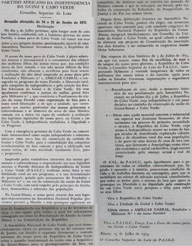 Partido Africano da Independência da Guiné e Cabo Verde. Conselho Superior da Luta: Reunião alargada de 24 a 25 de junho de 1975. Declaração.