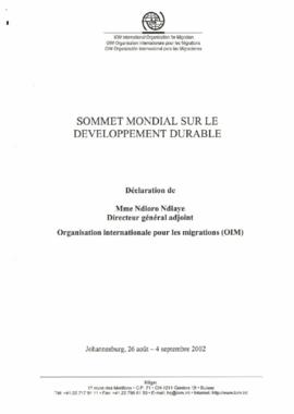 Sommet Mondial sur la Developpement Durable, déclaration de Mme Ndioro Ndiaye, Directeur général adjoint, Organisation Internationale pour les migrations (OIM)