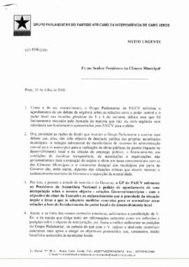 Carta ao Presidente da Câmara Municipal do Presidente do Grupo Parlamentar do PAICV, Mário Couto Matos