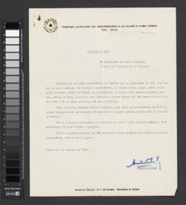 Circular assinada por Amílcar Cabral dirigida às Delegações do Bureau Político e a todos os responsáveis do Partido