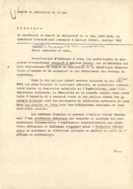 Simpósio Internacional Amílcar Cabral: Discours du Comité de Solidarité de la RDA, Kurt Roth