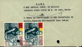 Envelope de uma carta enviada ao Comandante de Brigada, Camarada Pedro Pires, pelo Chefe de Comunicação Bão Mecanizada de Bafata , Camarada Sub-Tenente  Iaia Indjai