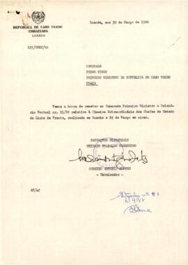 Relatório pontual nº 11/88 relativo à Cimeira dos Chefes de Estados da Linha da Frente, endereçado pela Embaixada de Cabo Verde em Luanda ao Camarada Pedro Pires, Primeiro Ministro de Cabo Verde.