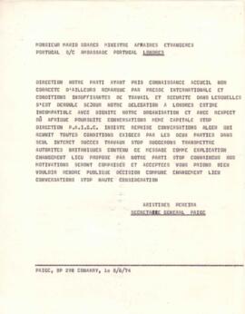 Telex du Secrétaire Général du PAIGC, Aristides Pereira, concernant le changement de lieu des négociations en raison des conditions d'accueil inappropriées à Londres.