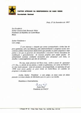 Carta do Presidente do PAICV, Comandante Pedro Pires, ao Presidente da República da Guiné-Bissau, João Bernardo Vieira