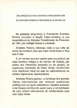 Declaração do PAICV em apoio à recandidatura de Aristides Pereira `a Presidência da República