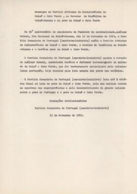 Mensagem do Partido Comunista Português ao Partido Africano da Independência da Guiné e Cabo Verde, ao Governo da República da Guiné-Bissau e ao povo da Guiné e Cabo Verde