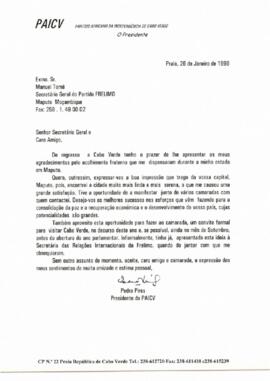 Carta do Presidente do PAICV, Comandante Pedro Pires ao Secretário Geral do Partido FRELIMO, Manuel Tomé