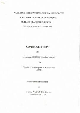 Colloque international sur" La Democratie en Euroupe de Lest et en Afrique: Quelles  chances et succes? Porto Novo, du 1er au 3 février 1994