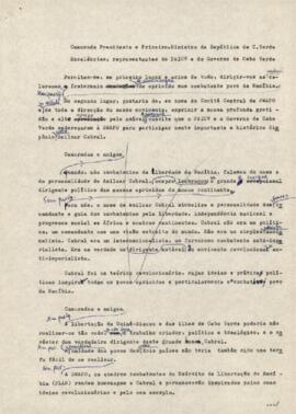 Rascunho de uma carta endereçada ao camarada Presidente e Primeiro- Ministro da República de Cabo Verde
