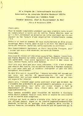 21ème   Congrès de l’Internationale Socialiste: Intervention du camarade Ibrahim Boubacar Keita, Présidente de l’ADEMA - PASJ,  Premier ministre, Chef du Gouvernement du Mali