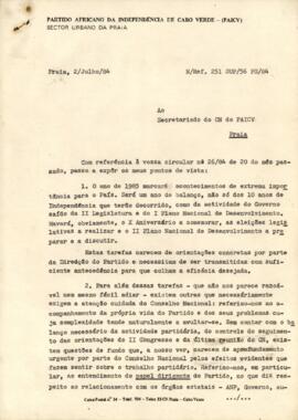 Carta de Luís Fonseca ao  Secretariado do CN do PAICV