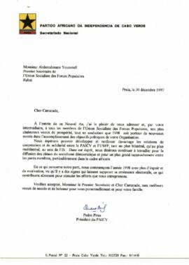 Carta do Presidente do PAICV, Comandante Pedro Pires, ao Primeiro Secretário da União Socialista das Forças Populares de Marrocos - USFP , Abderrahman Youssoufi