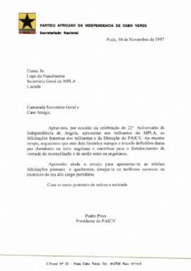 Carta do Presidente do PAICV ao Secretário-Geral do MPLA, Lopo Nascimento