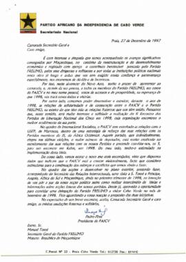 Carta do Presidente do PAICV, Comandante Pedro Pires, ao Secretário-Geral da FRELIMO, Manuel Tomé