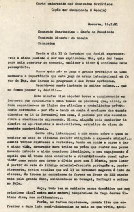 Carta de Romão Correia aos camaradas soviéticos após ter abandonado a escola