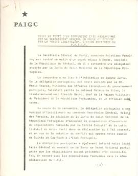 Voici le texte d’un communiqué émis aujourd’hui par le Secrétariat Général du PAIGC et diffusé par la “Rádio Libertação”, station emettrice du PAIGC