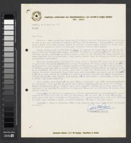 Carta nº 423, datada de 22 de abril de 1972, assinada por Aristides Pereira e dirigida a Pedro Pires