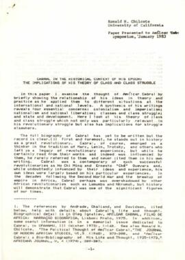 Simpósio Amílcar Cabral:  Cabral in the historical context of his epoch, the implications of his theory of class and class struggle, by Ronald H. Chilcote, University of California