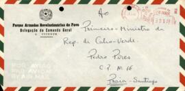 Envelope da carta enviada ao camarada Primeiro-Ministro Pedro Pires, por Joao Cia, da Es. Superação de Oficiais da Ribeira de Julião.