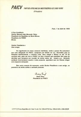 Carta do Presidente do PAICV, Comandante Pedro Pires ao Presidente da República da Guiné-Bissau, João Bernardo Vieira