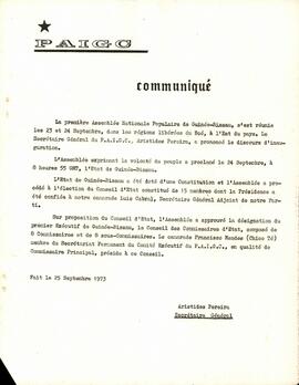 Communiqué du Secrétaire Général du PAIGC, Aristides Pereira (1973.09.25)