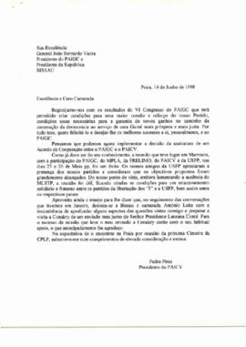 Carta do Presidente do PAICV ao Presidente da República da Guiné-Bissau, João Bernardo Vieira