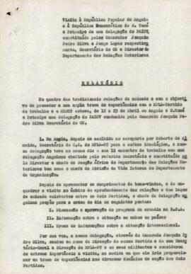 Relatório da visita à República de Angola e a S. Tomé e Príncipe de uma delegação do PAICV, constituída pelos camaradas Joaquim Pedro Silva e Jorge Lopes respetivamente,  Secretário do CN e  Diretor do Departamento das Relações Exteriores