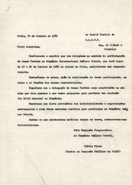 Carta-convite enviada ao Comité Central do MLSTP, Rep. de S. Tomé e Princípe, por Olivio Pires, membro da Comissão Política do PAICV