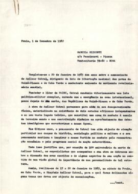 Lettre envoyée au camarade Marcella Glisenti, par Olivio Pires, Secrétaire du Bureau Politique du PAICV