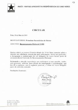 Circular do Presidente do PAICV aos primeiros Secretários de  Sector sobre recenseamento eleitoral de 2000