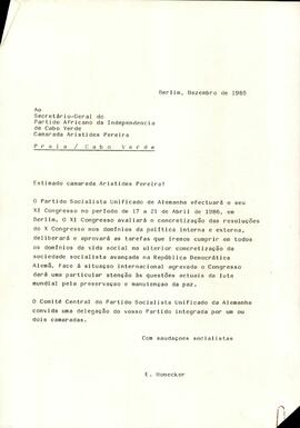 Tradução da carta do  Comité Central do Partido Socialista Unificado da Alemanha dirigido ao Secretário Geral do PAICV