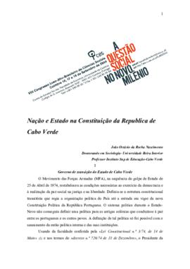 VIII Congresso Luso-Afro-Brasileiro de Ciências Sociais, Coimbra 16, 17 e 18 setembro de 2004. Nação e Estado na Constituição da República de Cabo Verde, por João Octávio da Rocha Nascimento